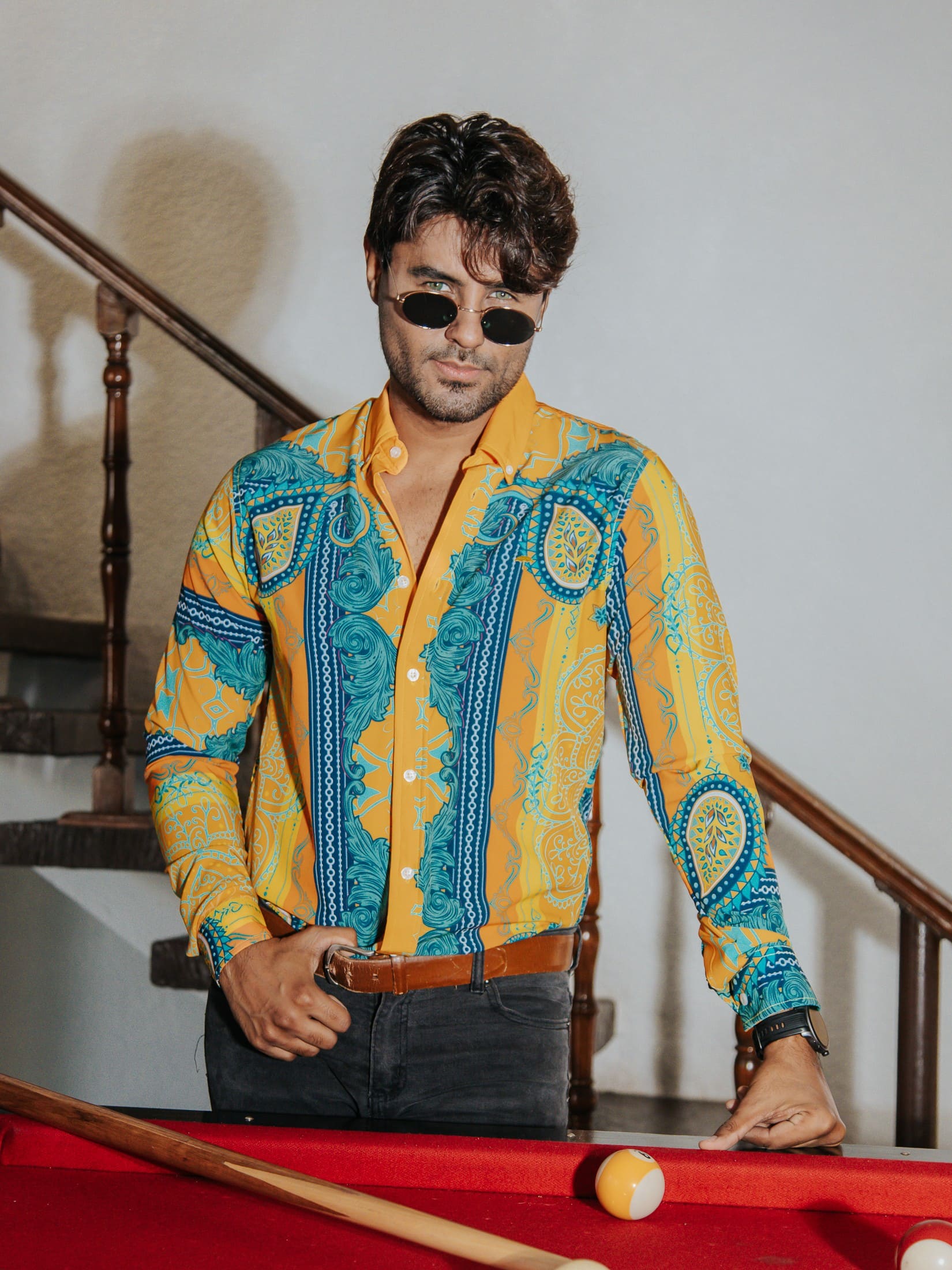 Camisa Hombre Casual Naranja Flores Amarillas Verdes y Azul