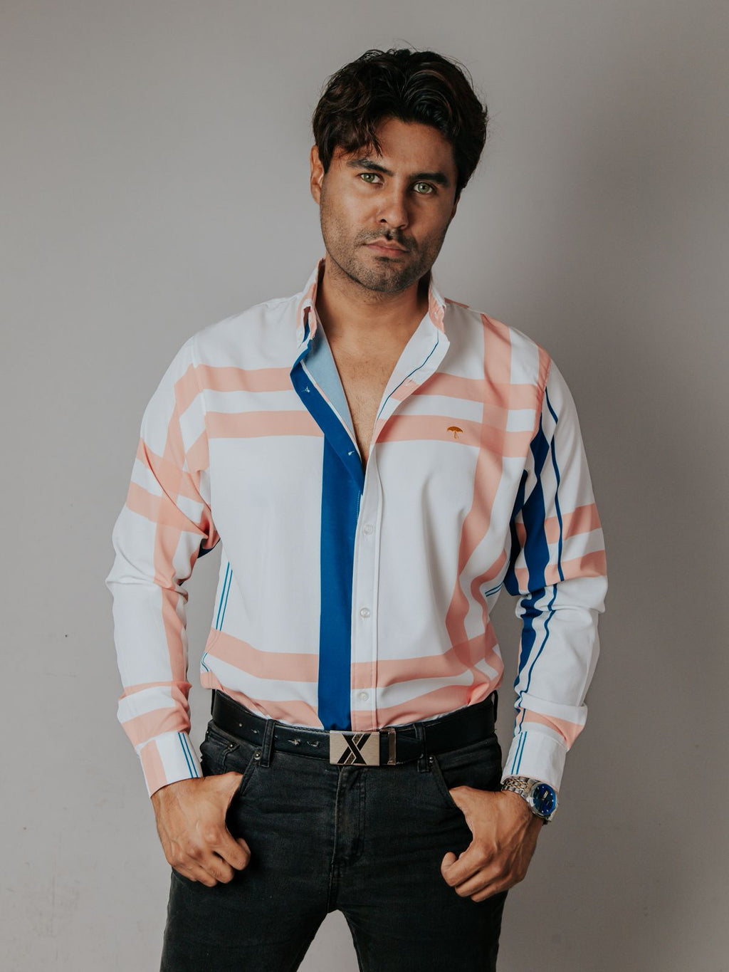 Camisa Hombre Casual Blanco Franjas Azul y Melón