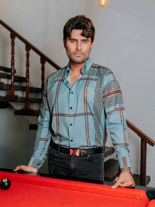 Camisa Hombre Casual Verde Pistache Grecas Café