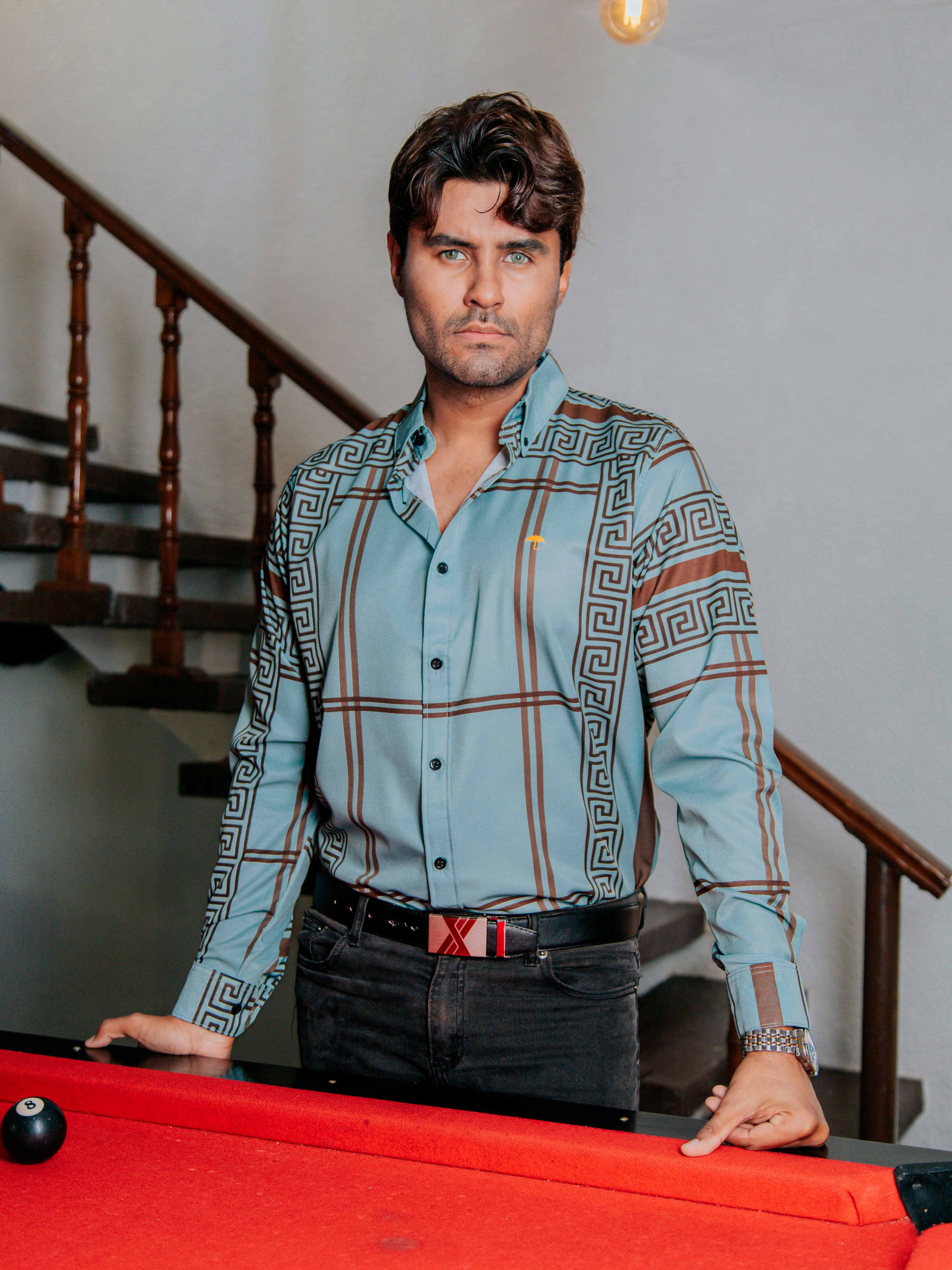 Camisa Hombre Casual Verde Pistache Grecas Café