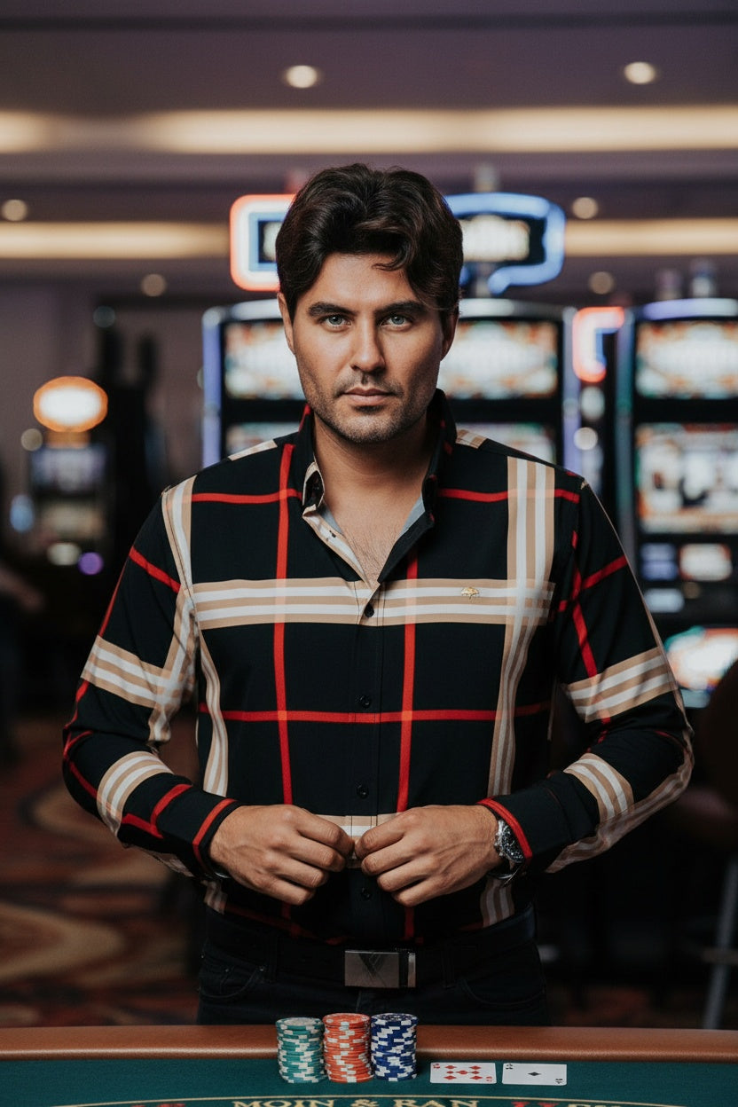Camisa Hombre Casual Cuadros Beige Rojo y Blanco