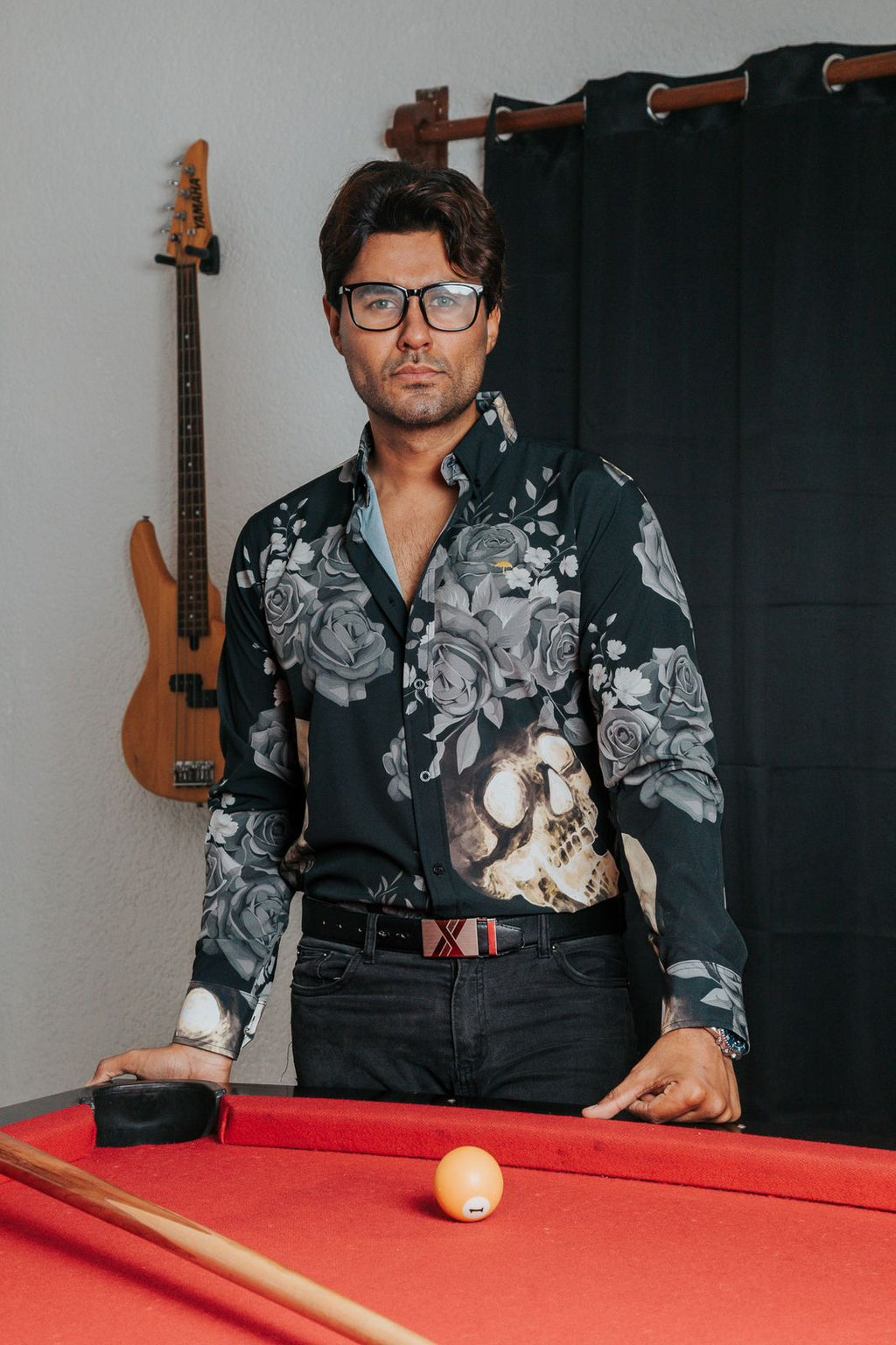 Camisa Hombre Casual Negro Rosas Con Calavera