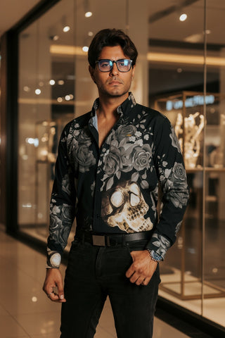 Camisa Hombre Casual Negro Rosas Con Calavera