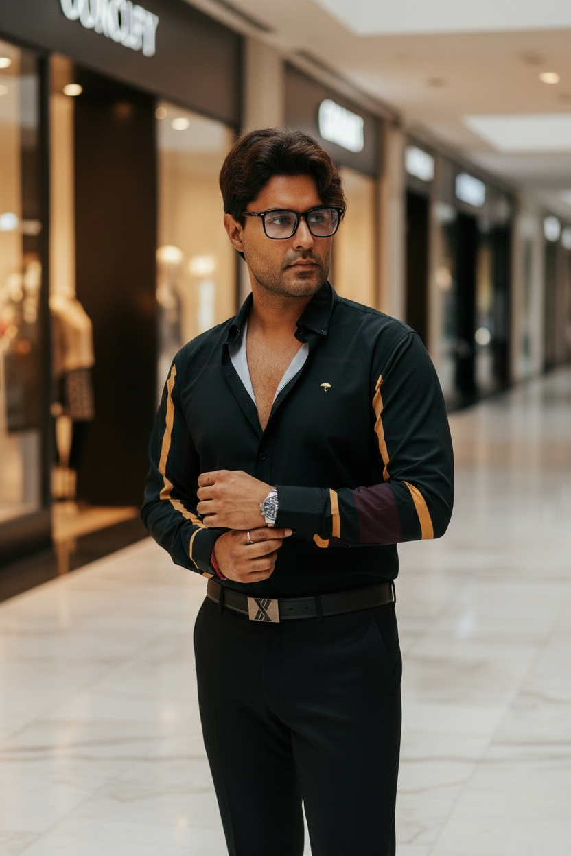 Camisa Hombre Casual Negra Línea Vino y Dorada