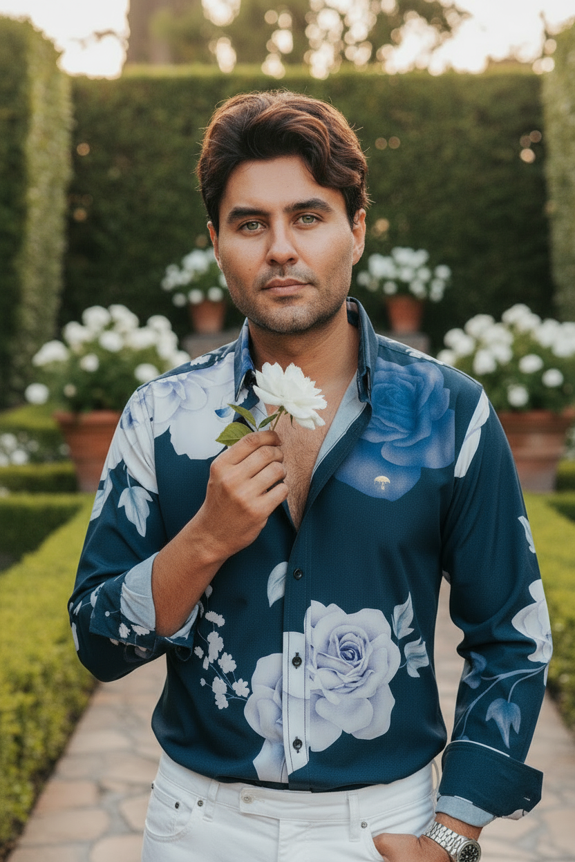 Camisa Hombre Casual Negra Rosas Moradas y Blancas