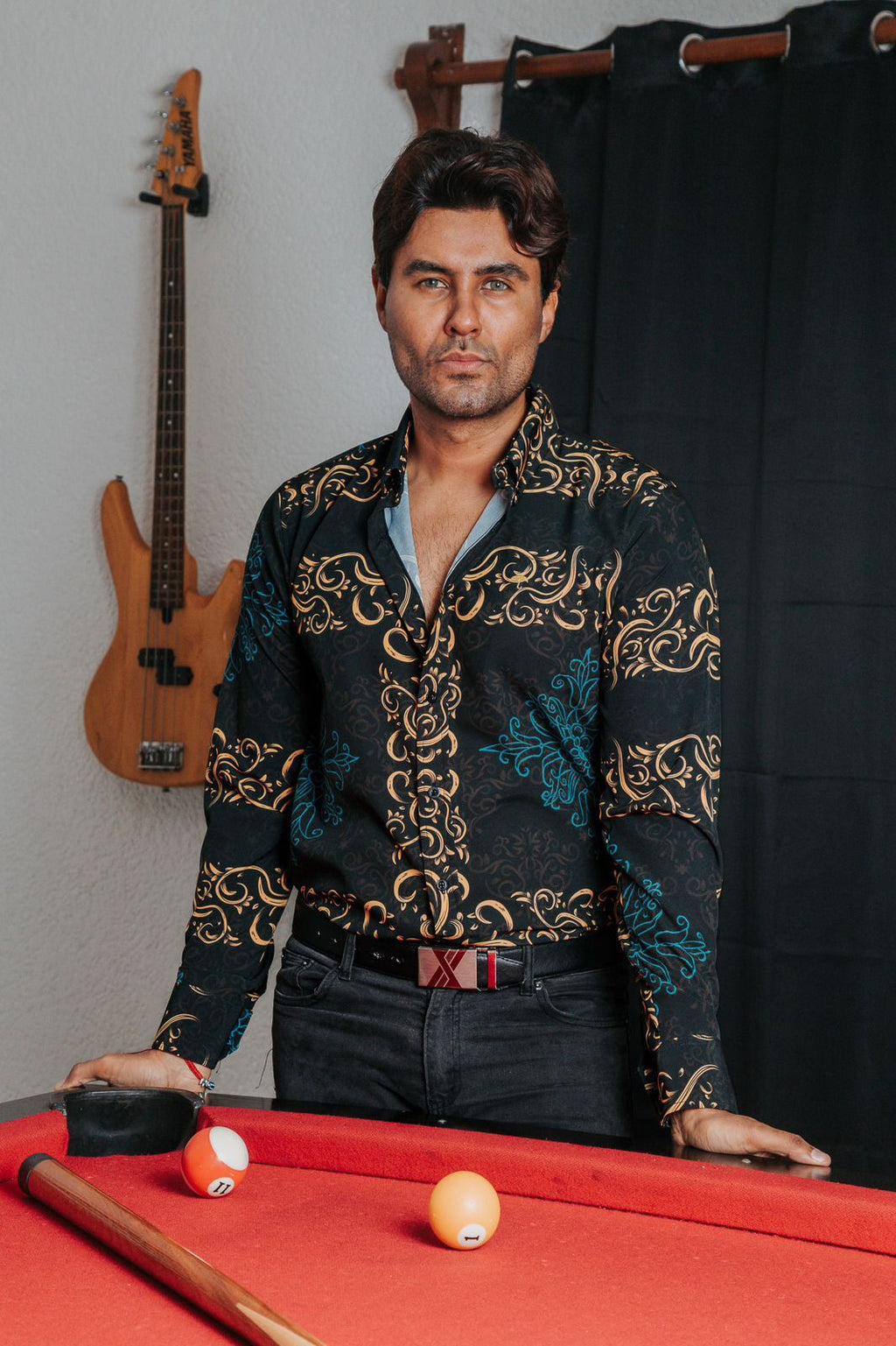 Camisa Hombre Manga Larga Casual Detalle Ornamental Dorado Mándala  Azul Tiendas Platino