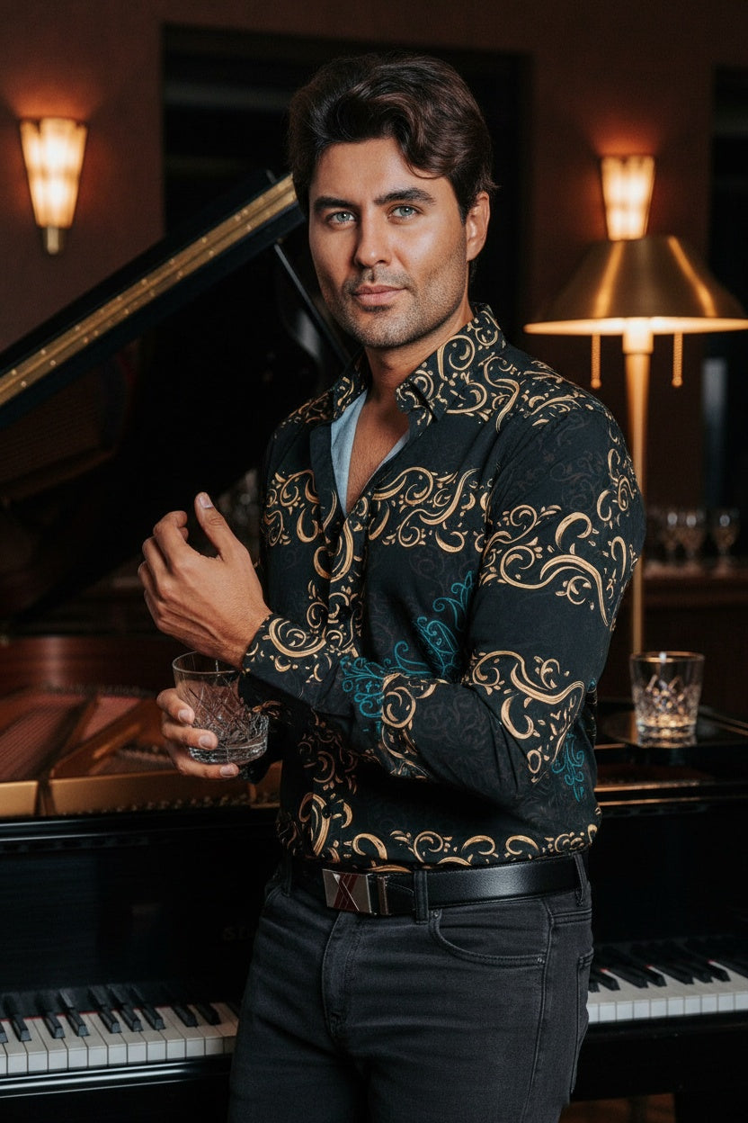 Camisa Hombre Casual Detalle Ornamental Dorado Mándala Azul