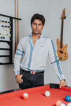Camisa Hombre Manga Larga Casual Franjas Azules y Lila Tiendas Platino