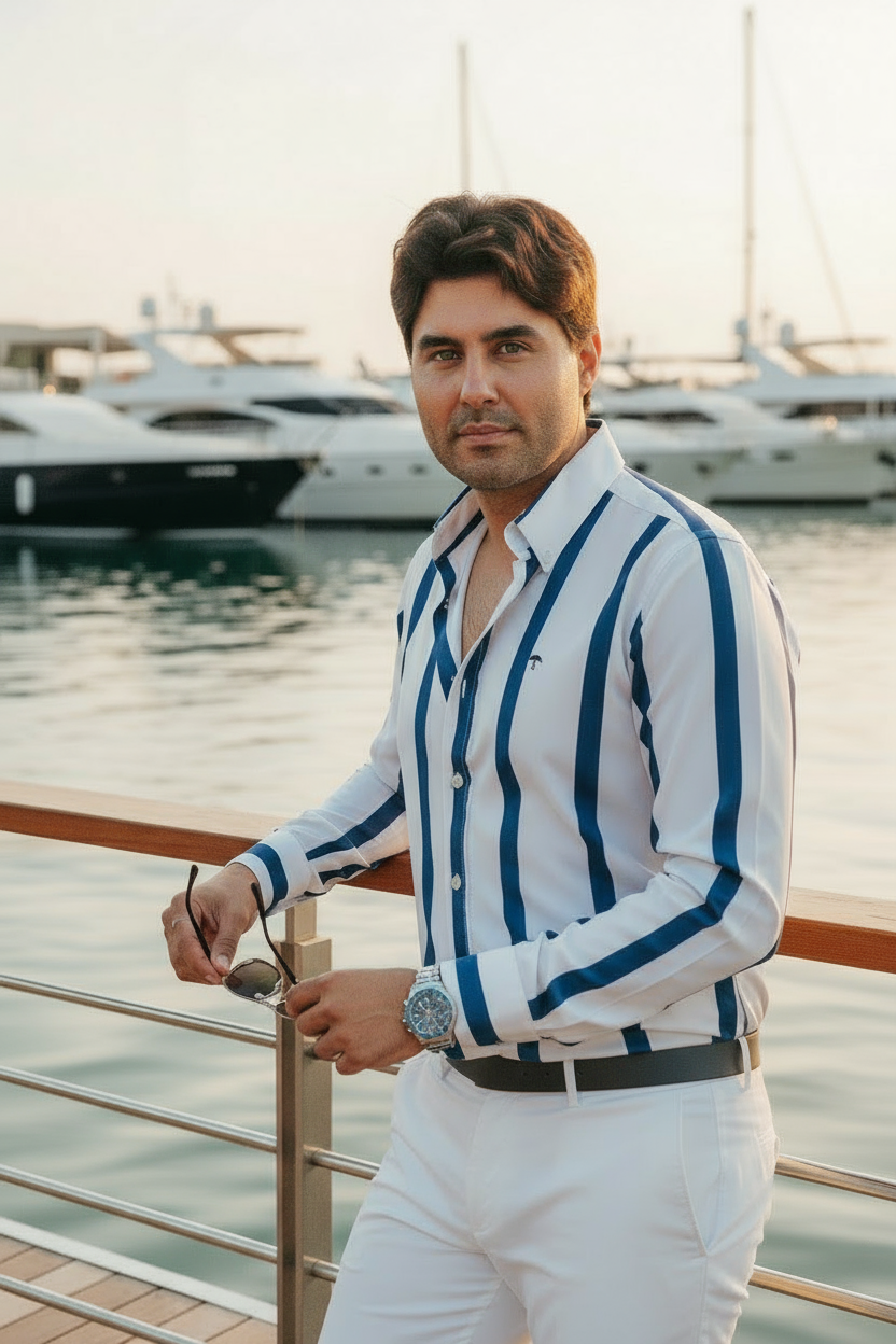 Camisa Hombre Blanca Casual Franjas Azul