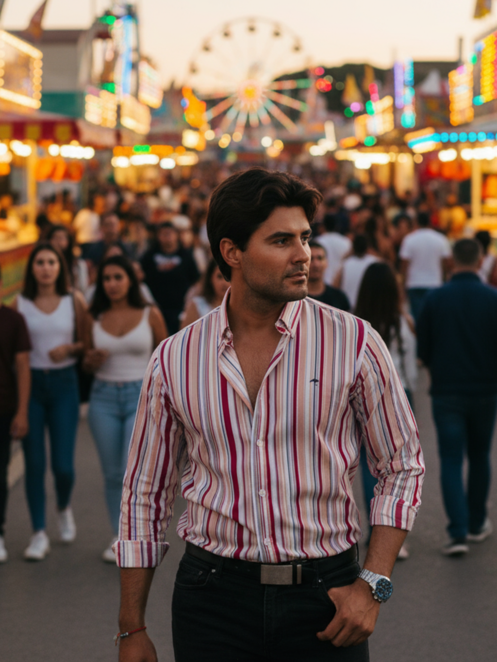 Camisa Hombre Casual Líneas Blanca Rosa Azul y Negro