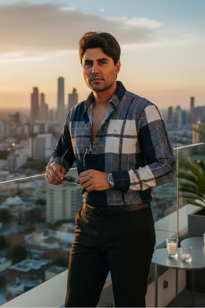 Camisa Hombre Casual Cuadros Azul Beige Líneas Rojo Morado