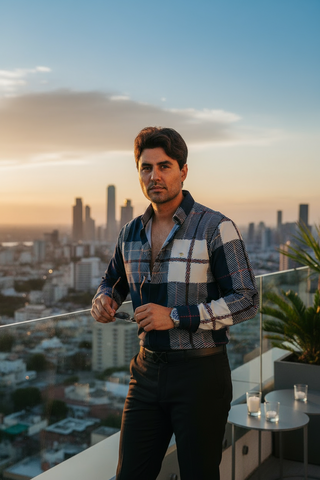 Camisa Hombre Casual Cuadros Azul Beige Líneas Rojo Morado