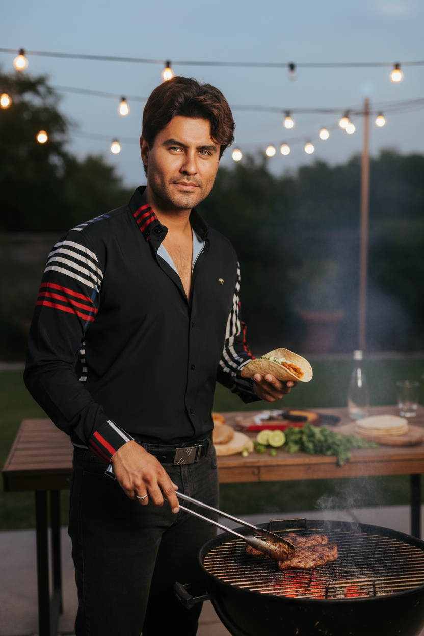 Camisa Hombre Casual Líneas Beige Azul y Rojo