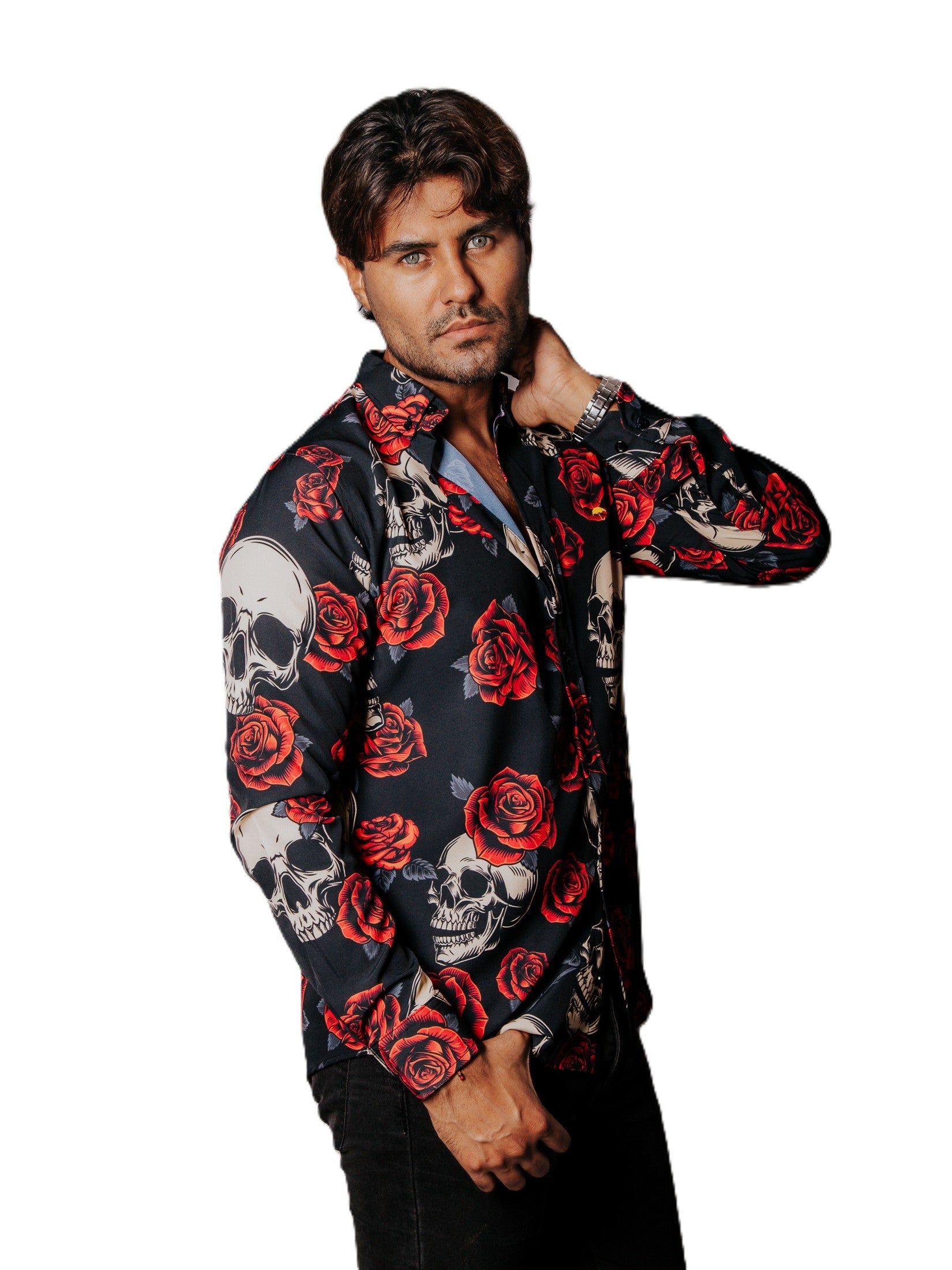 Camisa Hombre Casual Negra Rosas Rojas & Calaveras