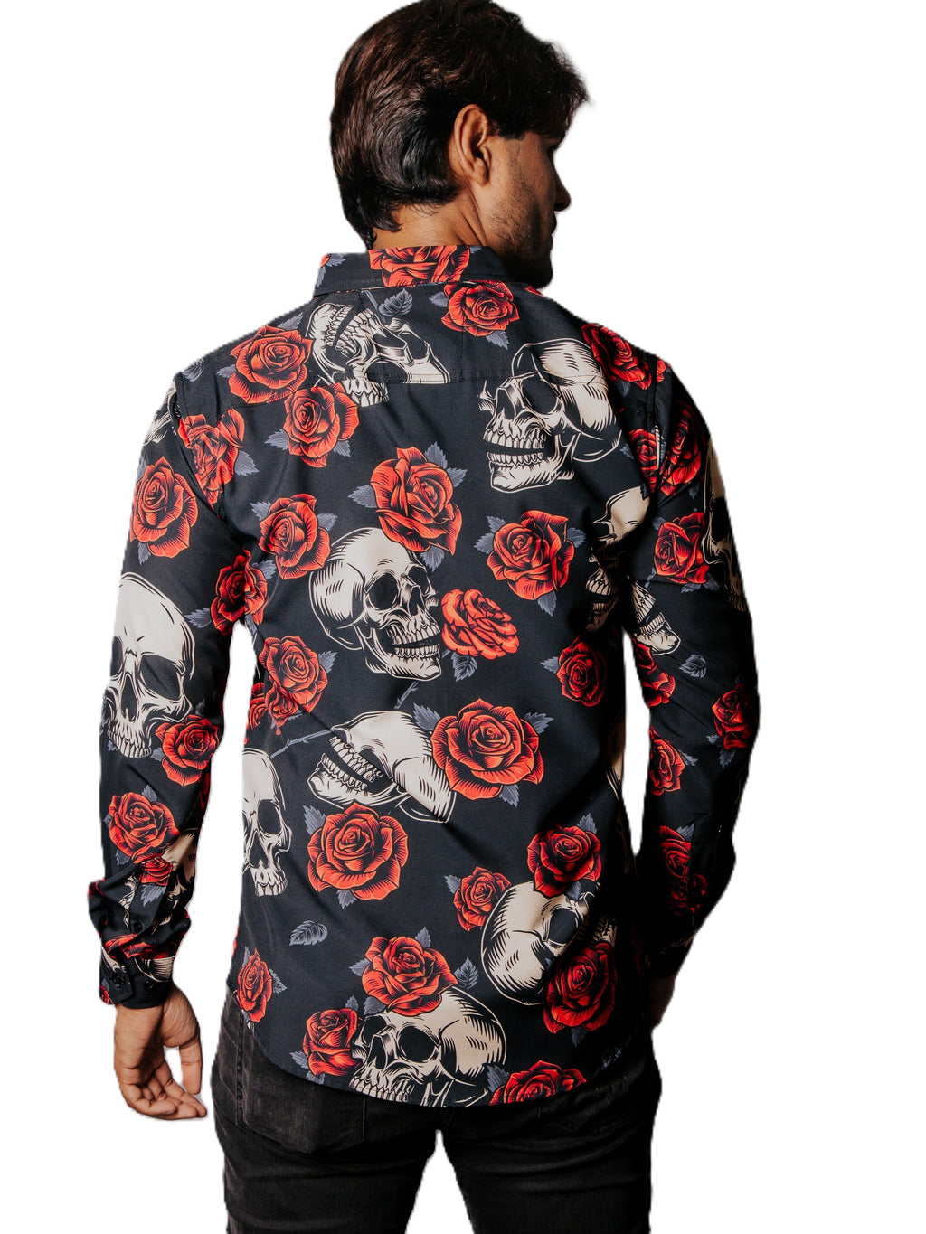 Camisa Hombre Casual Negra Rosas Rojas & Calaveras