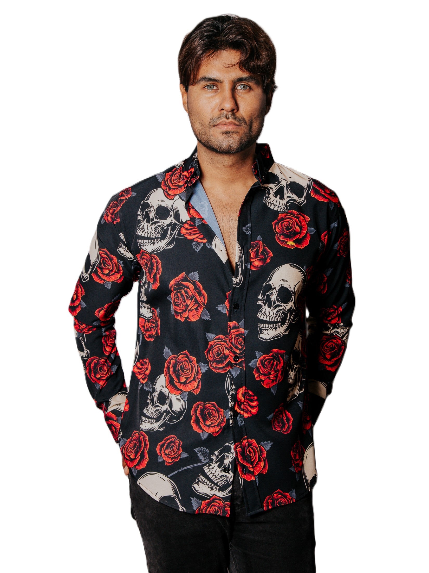 Camisa Hombre Casual Negra Rosas Rojas & Calaveras