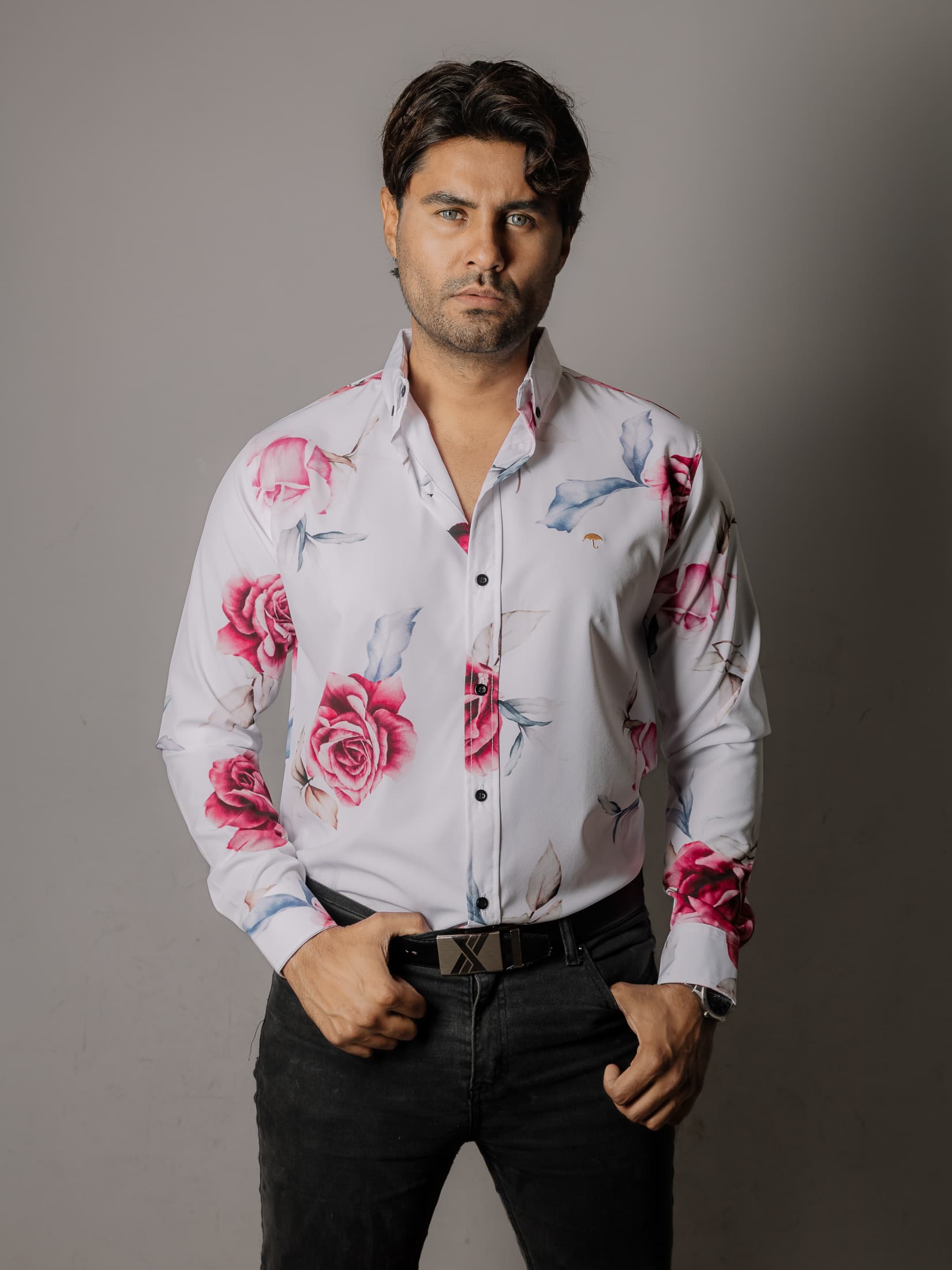 Camisa Hombre Casual Blanca Rosas
