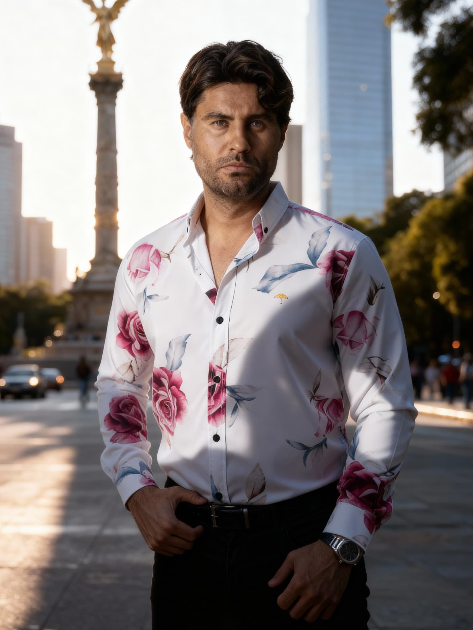 Camisa Hombre Casual Blanca Rosas
