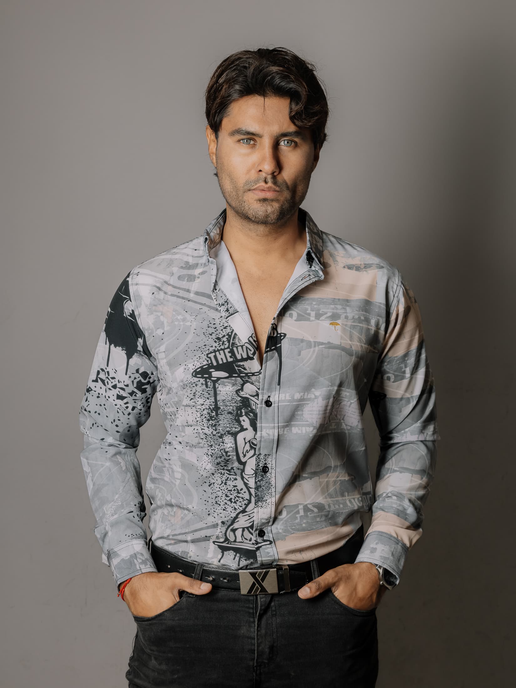 Camisa Hombre Casual Gris Detalles Negros Tony Montana