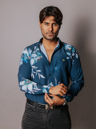 Camisa Hombre Casual Azul Flores
