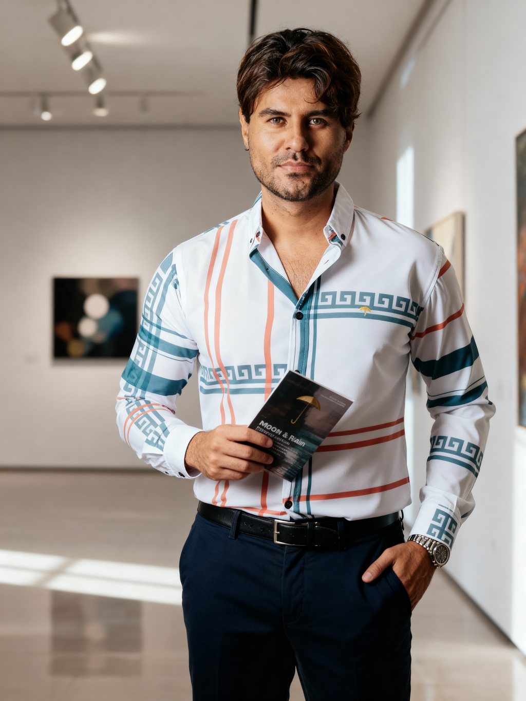 Camisa Hombre Manga Larga Blanco Con detalle azul y rojo Tiendas Platino