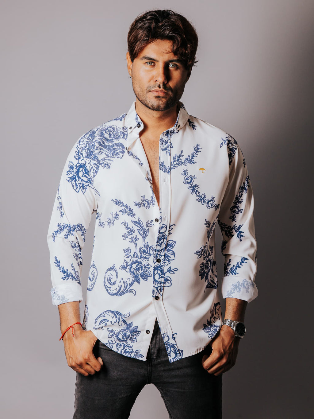 Camisa Hombre Casual Flores Azul