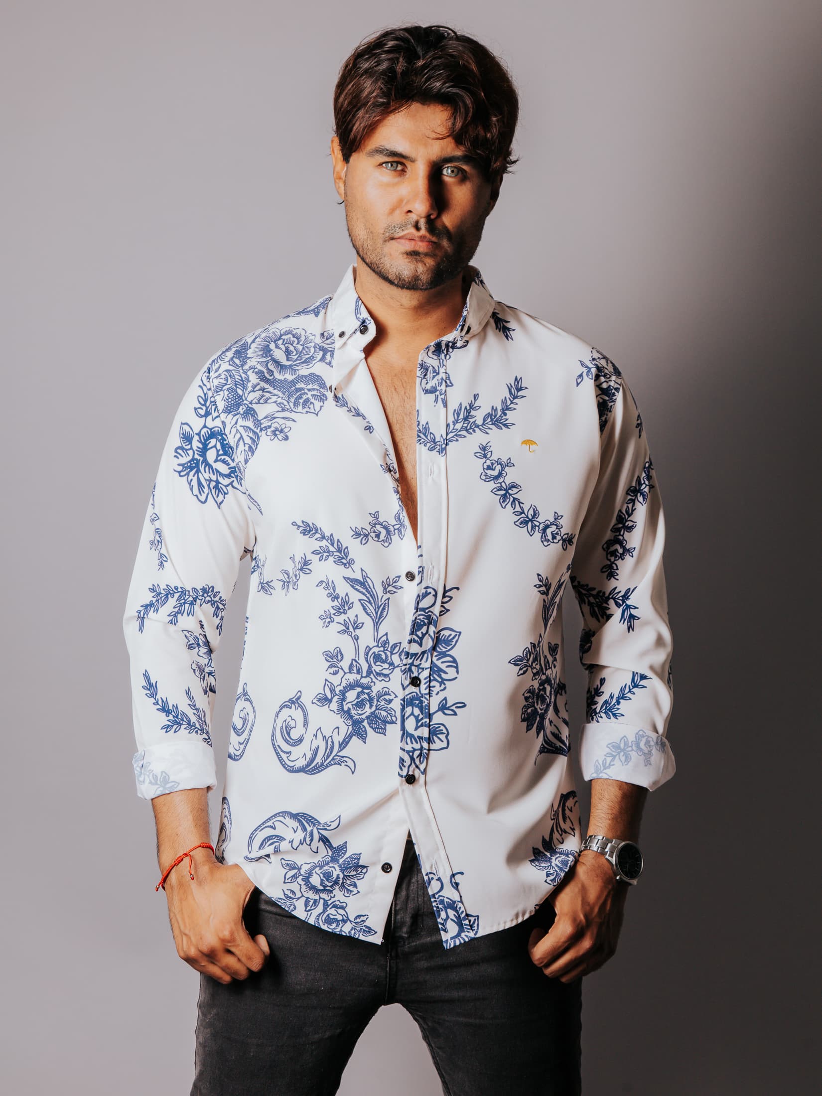 Camisa Hombre Casual Flores Azul
