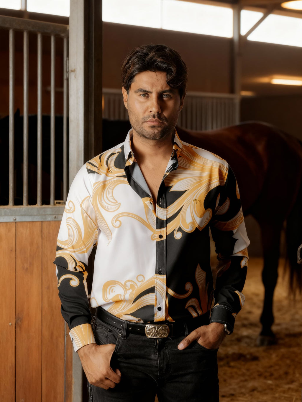 Camisa Hombre Casual Negra Floral Dorado Blanco