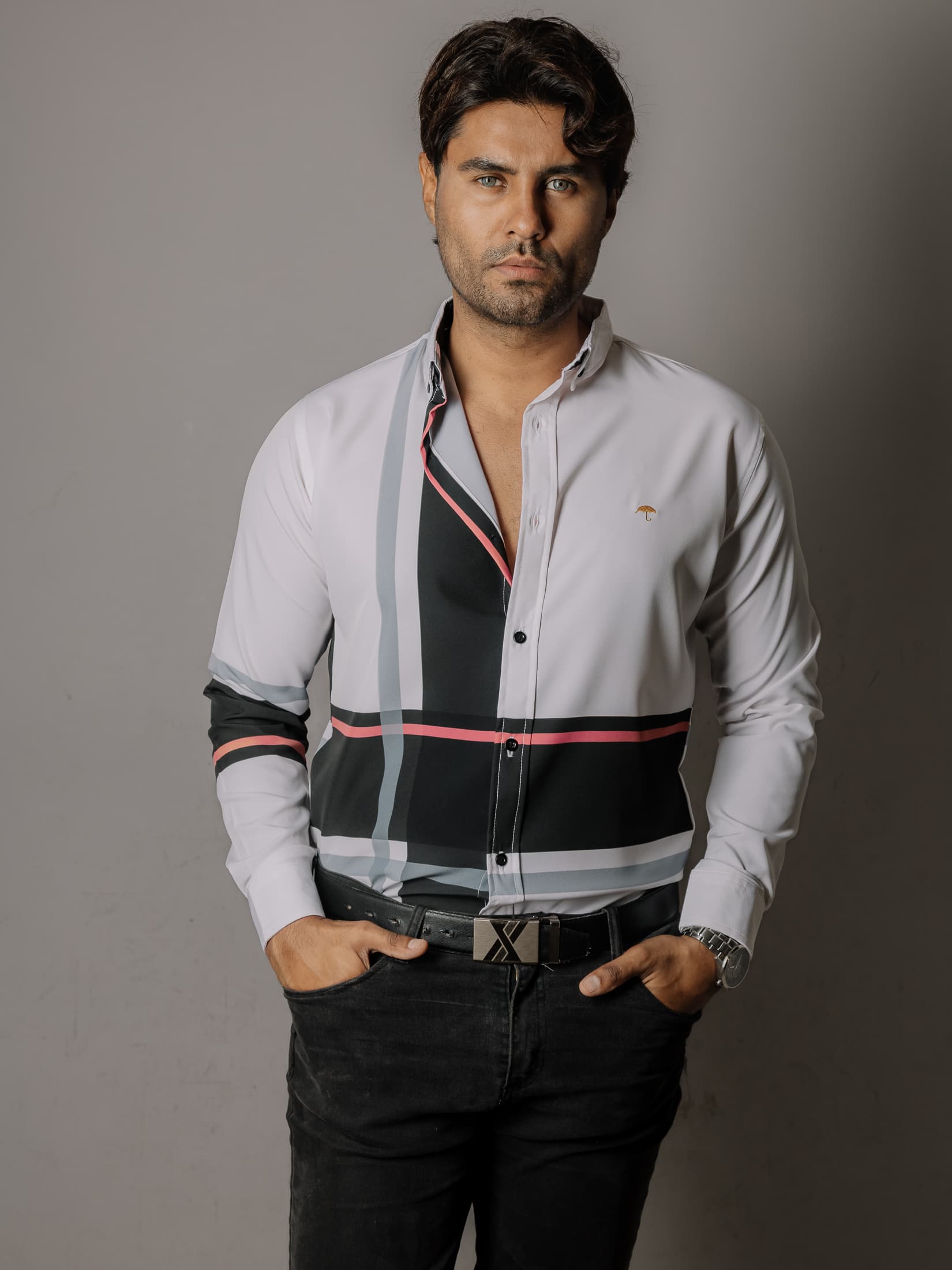 Camisa Hombre Casual Líneas Negra Gris y Rosa