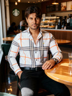 Camisa Hombre Casual Cuadro Gris Beige y Naranja