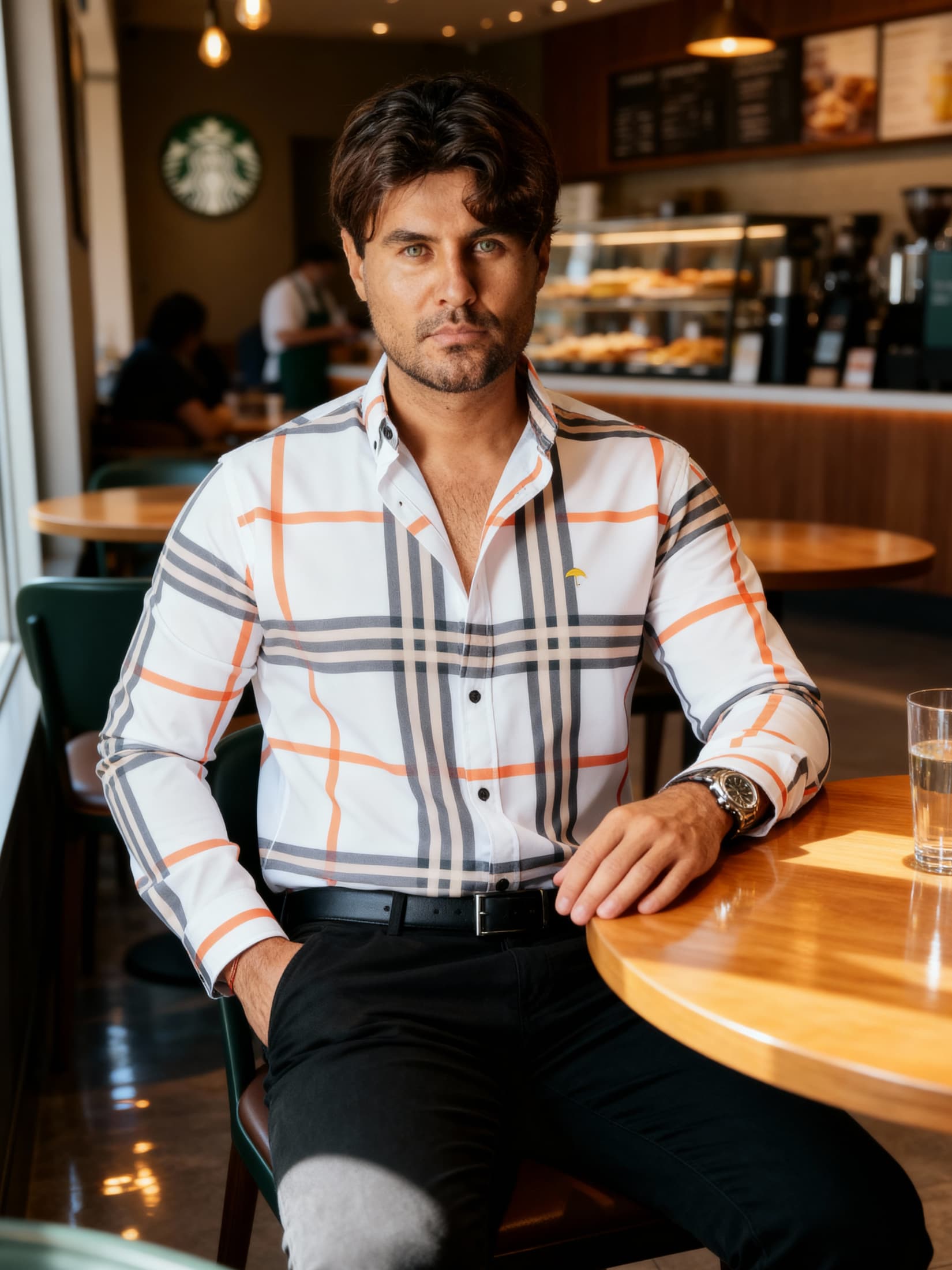 Camisa Hombre Casual Cuadro Gris Beige y Naranja