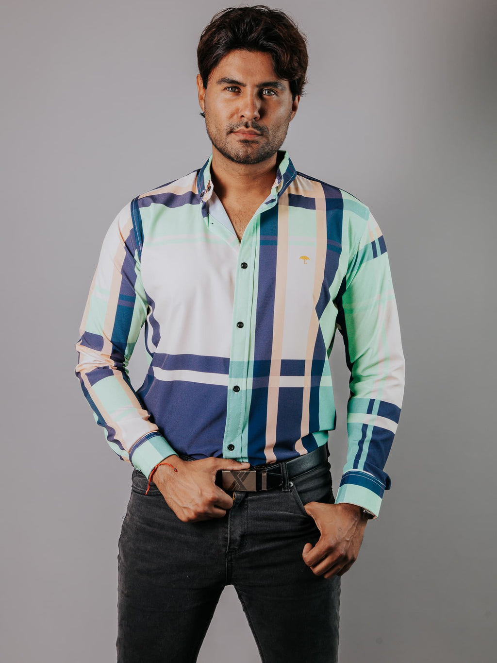Camisa Hombre Casual Cuadro Azul Beige Verde