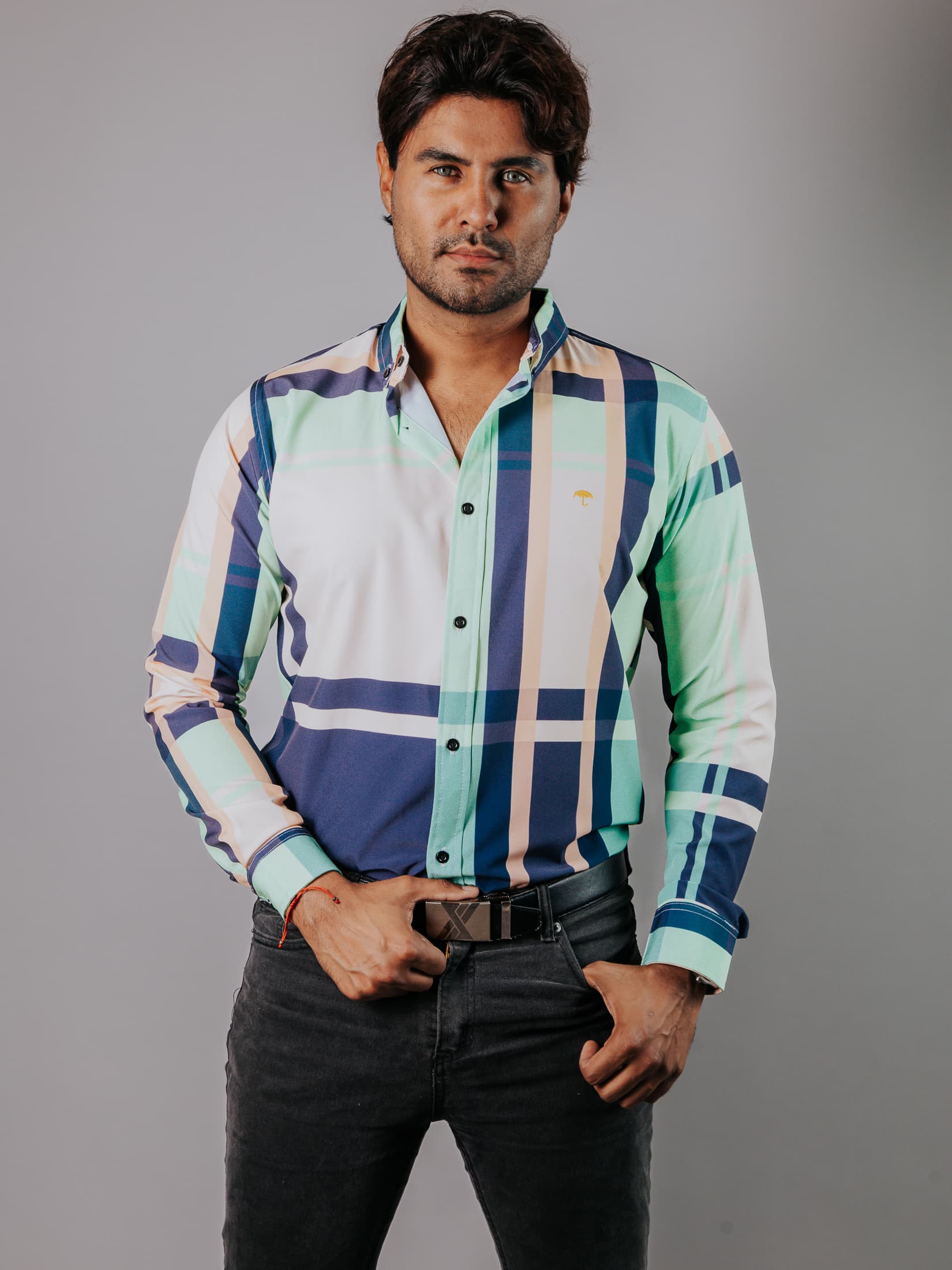 Camisa Hombre Casual Cuadro Azul Beige Verde