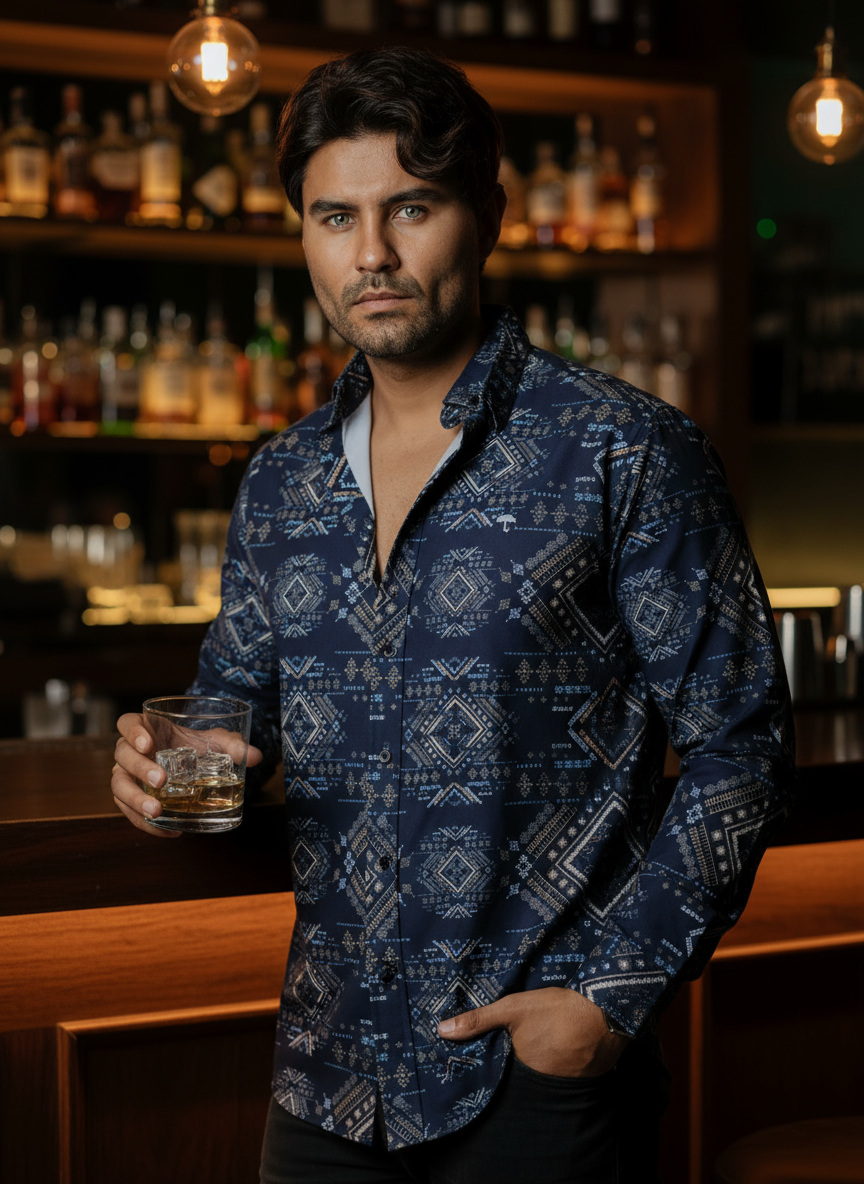 Camisa Hombre Azul Marino Detalles Azul Blanco Beige