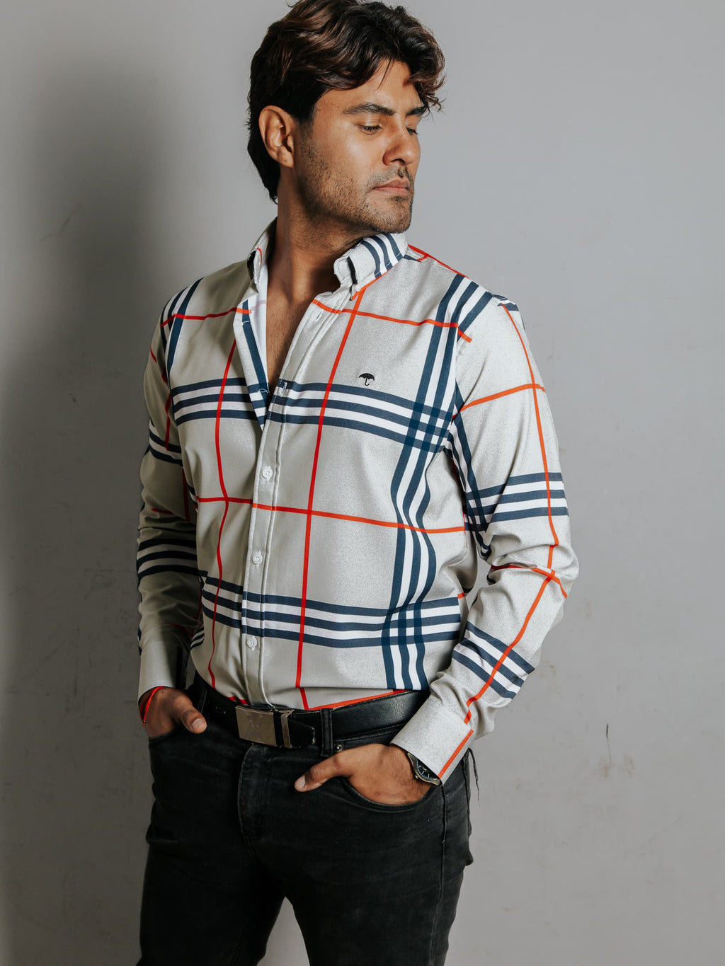 Camisa Hombre Casual Gris Cuadro Blanco y Azul Línea Naranja