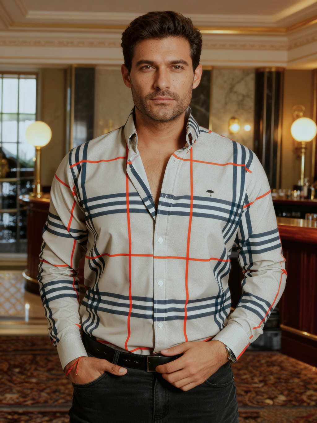 Camisa Hombre Casual Gris Cuadro Blanco y Azul Línea Naranja