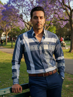 Camisa Hombre Casual Azul Líneas Gris Grecas Crema