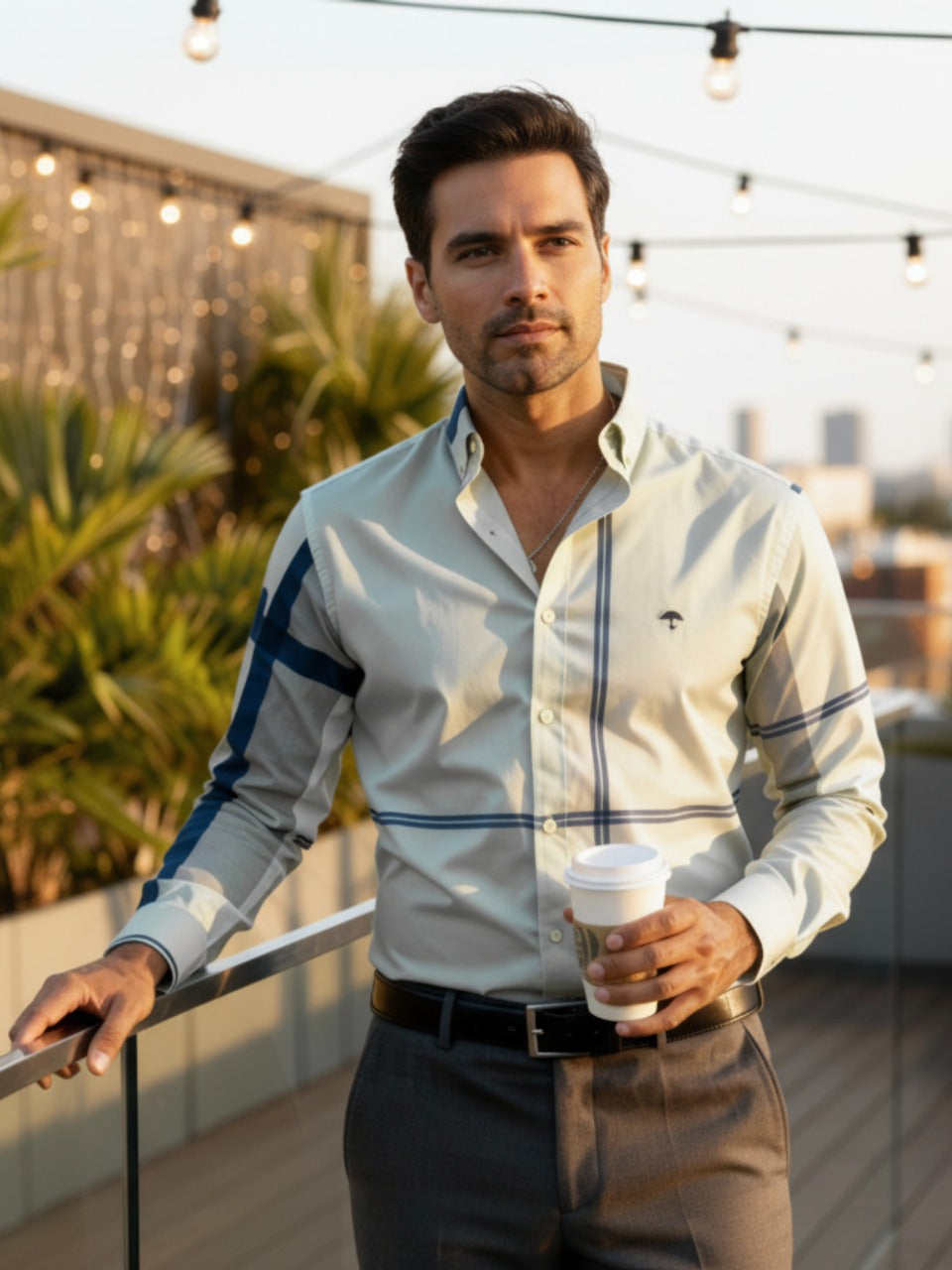 Camisa Hombre Casual Gris Líneas Gris y Azul Marino