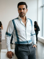 Camisa Hombre Casual Verde Grecas Blanca