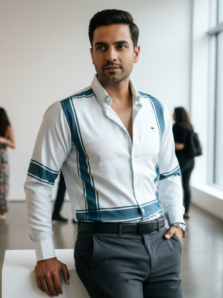 Camisa Hombre Casual Verde Grecas Blanca