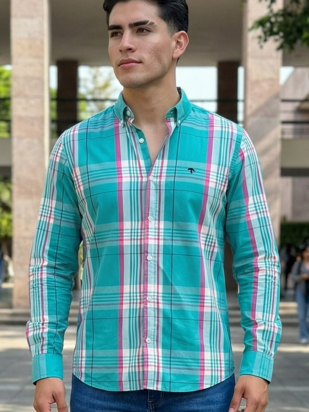 Camisa Hombre Casual Cuadros Verde Turquesa Blancos Rosas