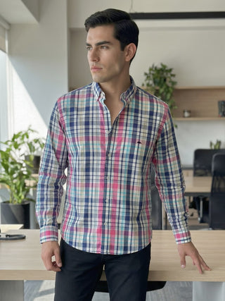 Camisa Hombre Casual Líneas Rosa Azul Marino