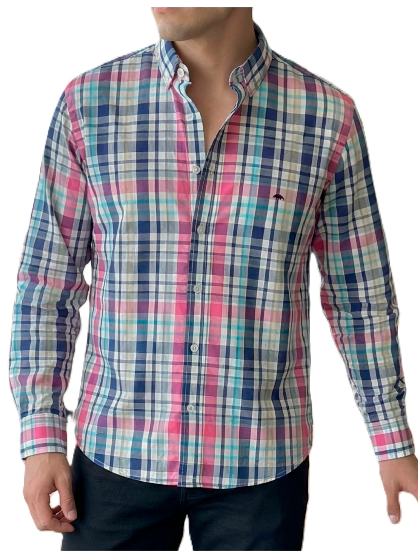 Camisa Hombre Casual Cuadros Blancos Rosas Azules