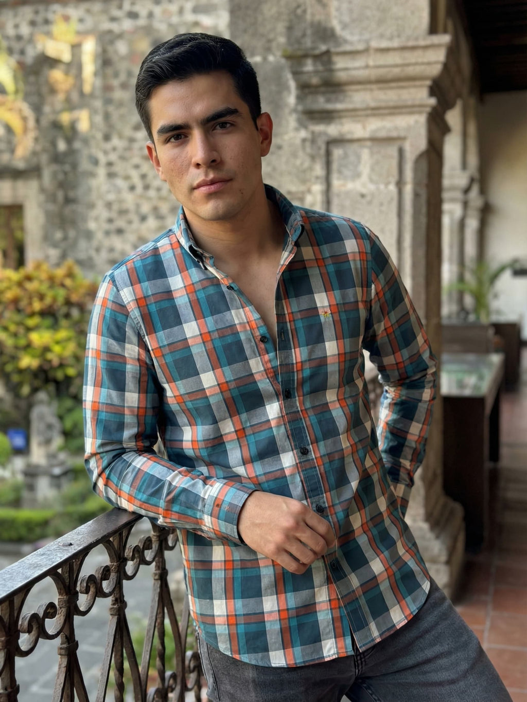 Camisa Hombre Casual Cuadro Turquesa Naranja y Blanco