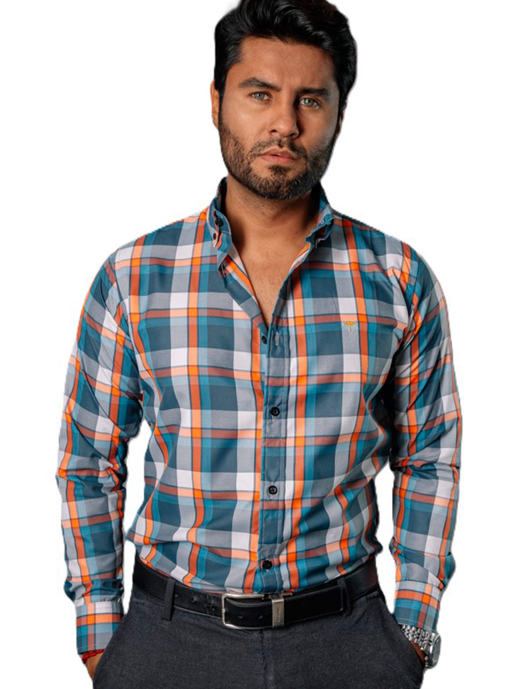 Camisa Hombre Casual Cuadros Verdes, Gris, Naranjas