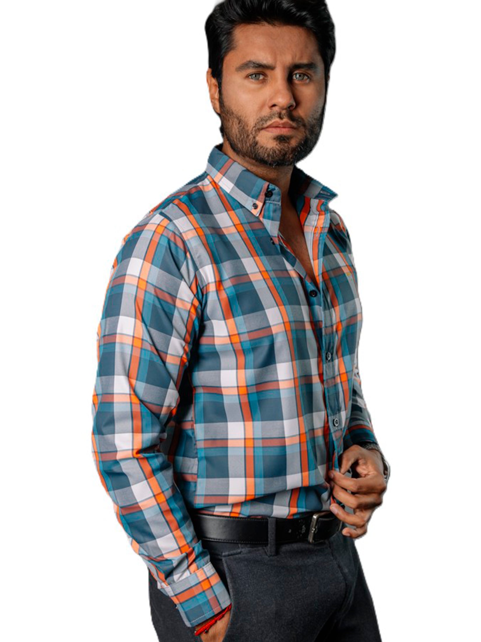 Camisa Hombre Casual Cuadros Verdes, Gris, Naranjas