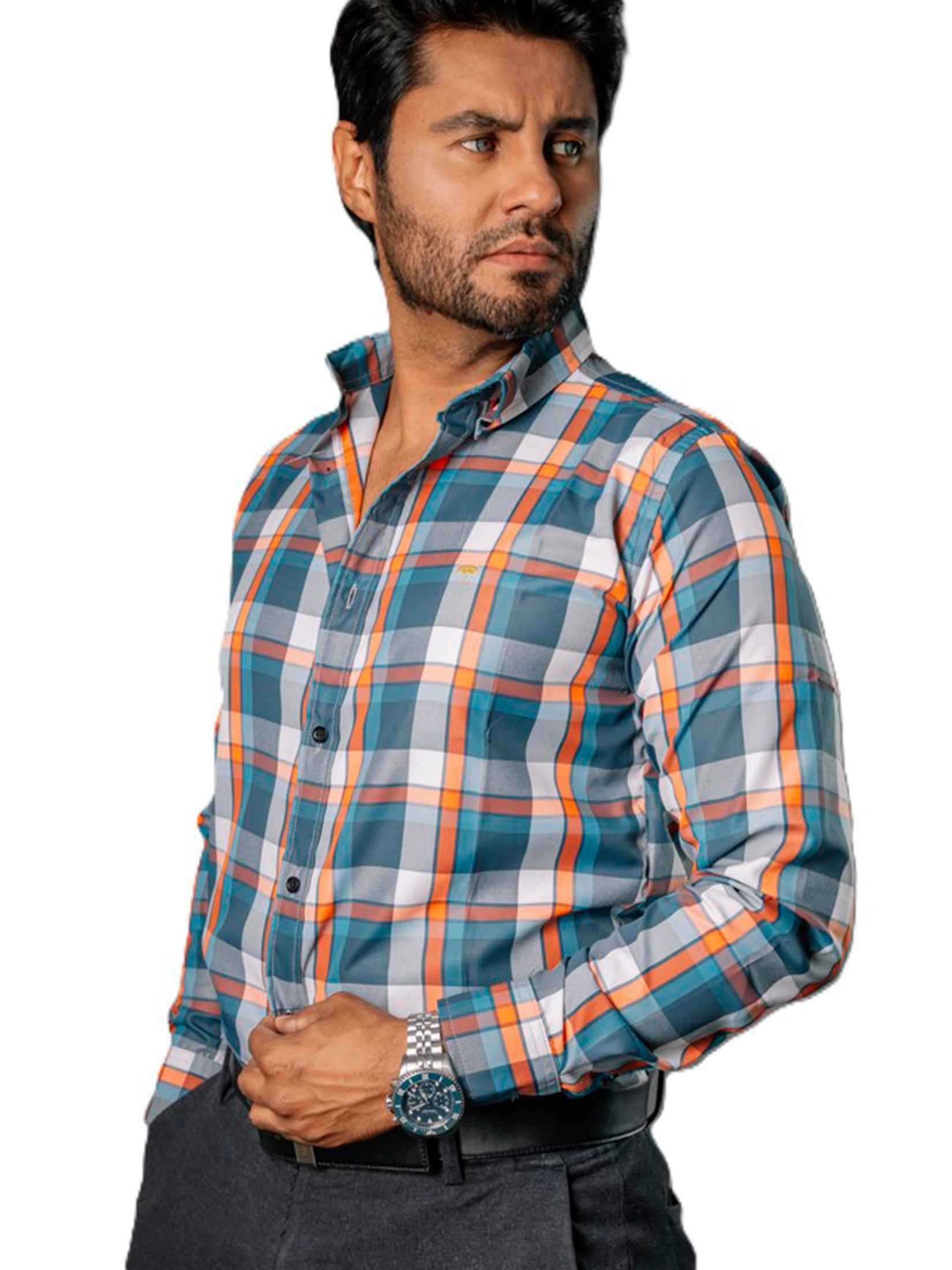 Camisa Hombre Casual Cuadros Verdes, Gris, Naranjas