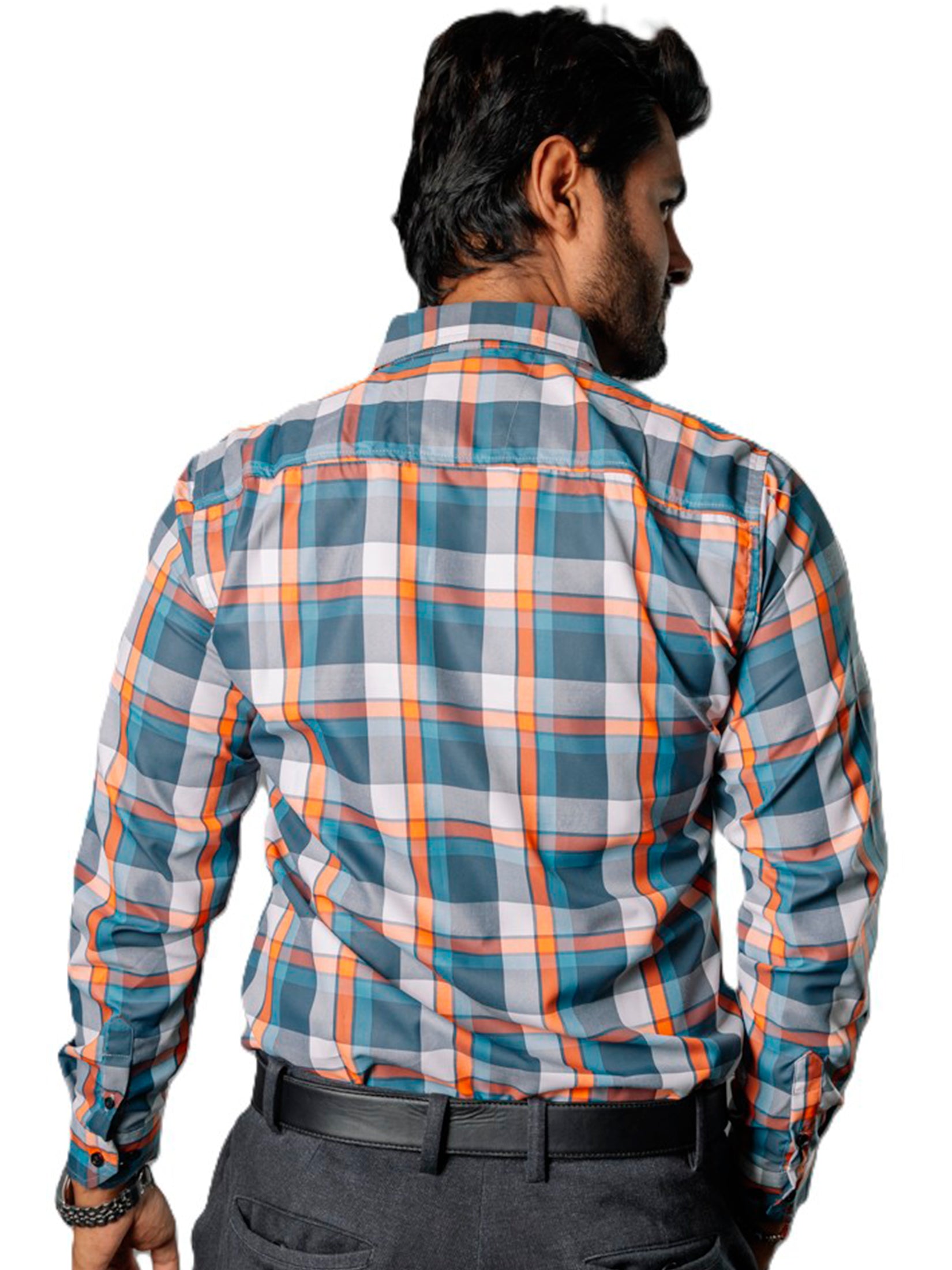 Camisa Hombre Casual Cuadros Verdes, Gris, Naranjas