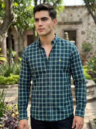Camisa Hombre Casual Cuadro Blanco Verde Azul Marino