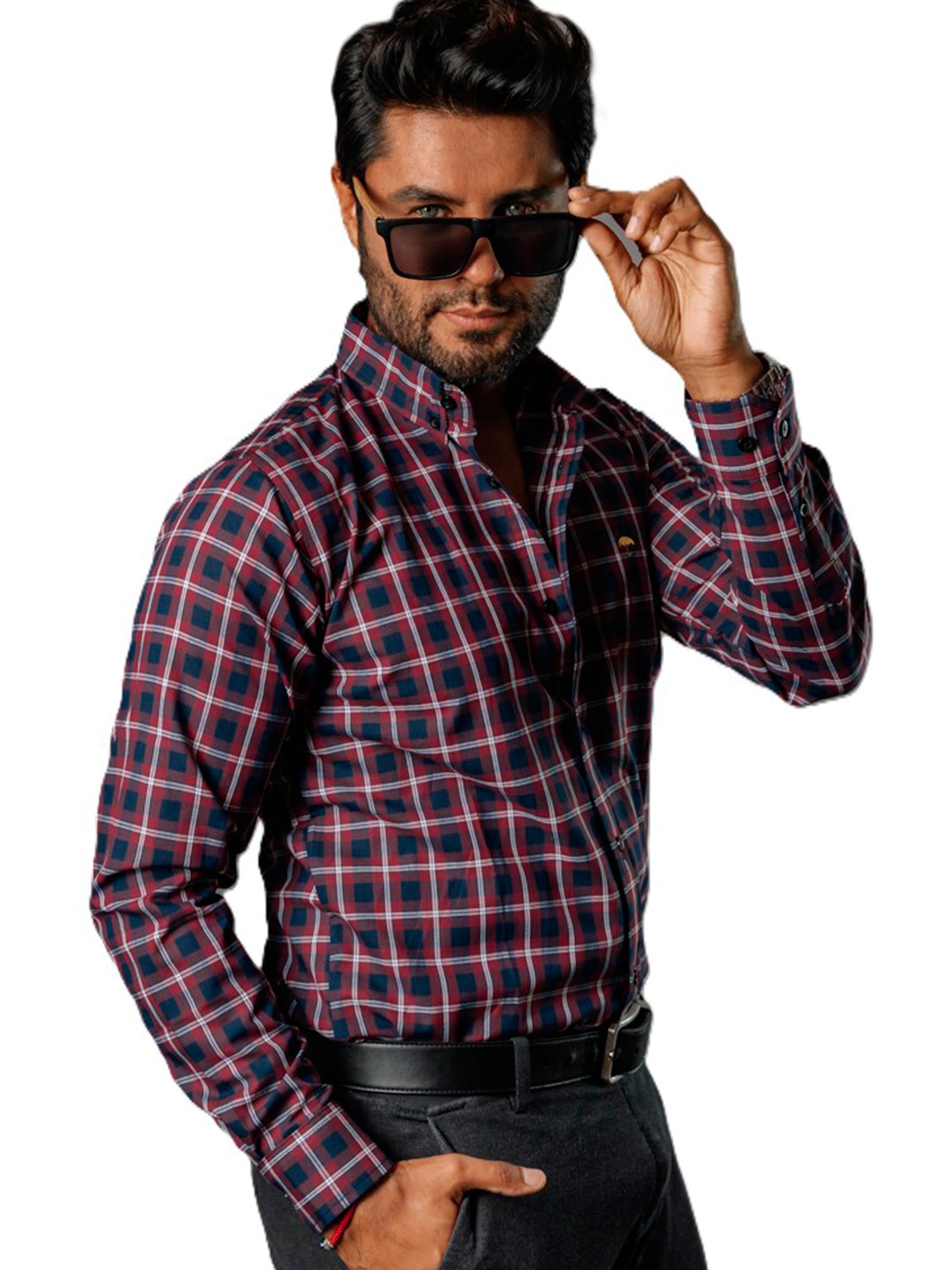 Camisa Hombre Casual Cuadros Vino, Azul Marino, Blancos